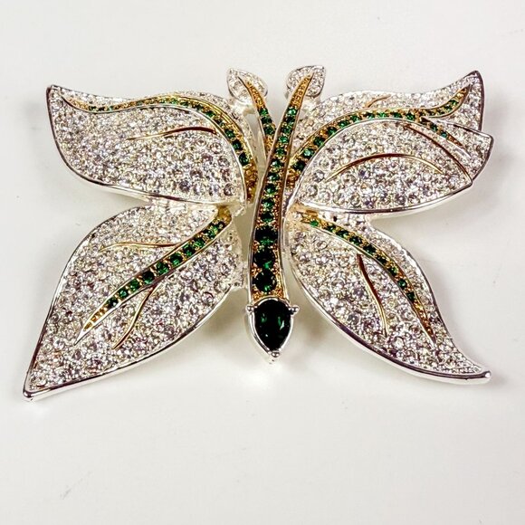Napier Silver-plated Emerald Green Rhinestone Leaves Butterfly Brooch - Picture 2 of 5